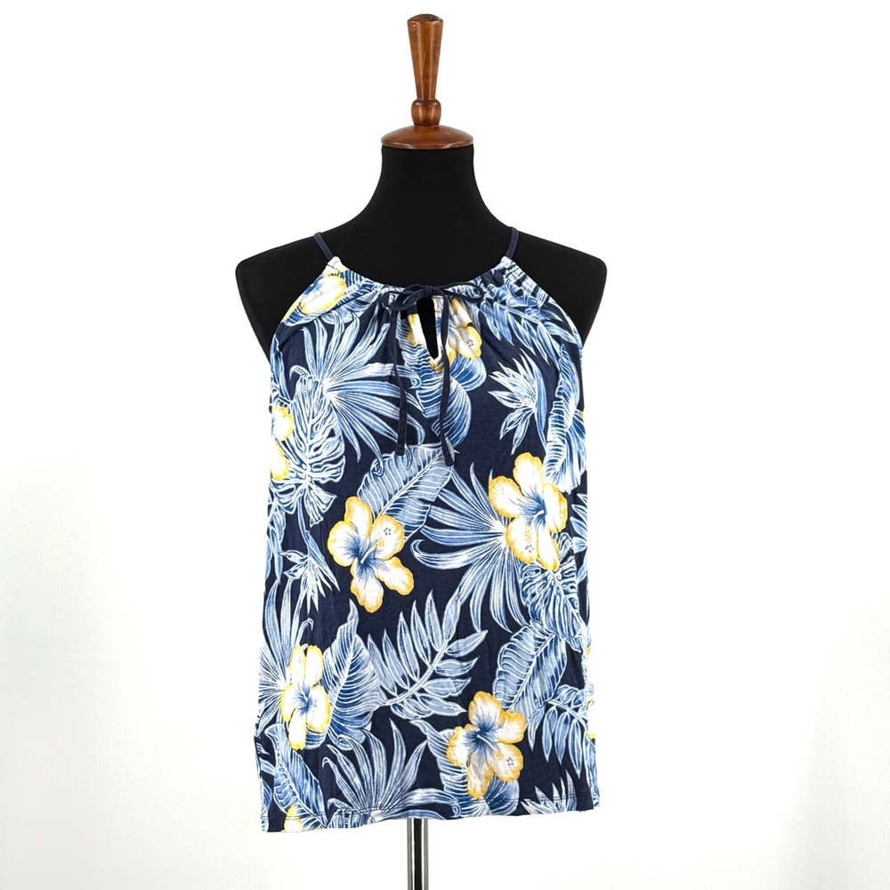 Tommy Bahama Dark Blue Yellow Tropical Floral Patterned Top Size S